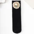 Cute floral lace embroidered girls black mid-calf ribbed socks flat lay main product view - One Size / Black Floral