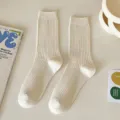 Women solid color ribbed mid-tube cotton socks casual versatile daily wear comfortable - One Size / Creamy White