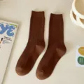 Women's brown ribbed crew socks, solid color vintage style cotton casual long socks. - One Size / Coffee