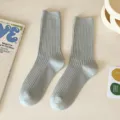 Women's solid color ribbed cotton mid-calf socks, casual daily wear basic fashion hosiery. - One Size / Blue Gray