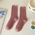 Women solid color ribbed mid-calf cotton socks, casual comfortable daily wear pink socks. - One Size / Lotus Pink