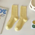 Women yellow ribbed crew socks casual cotton daily wear solid color fashion cute casual hosiery - One Size / Milk Yellow