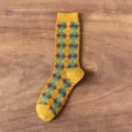 Korean fashion vintage argyle mid tube knit socks women autumn college long yellow socks - One Size / Turmeric