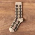 Autumn Korean Japanese Argyle Socks Women Mid-Calf British Retro Slouchy Socks College Style - One Size / Khaki