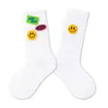 White cotton mid-calf crew socks featuring cute embroidered smiley face and letter patches. - M (3-5Y 15-17cm) / White