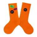 Children orange mid-tube socks with cute embroidered smiley faces and letter patches. - M (3-5Y 15-17cm) / Orange