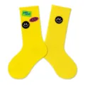 Bright yellow children mid-calf socks featuring fun smiley face and embroidered patches. - M (3-5Y 15-17cm) / Yellow