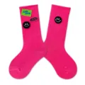 Vibrant pink kids mid-calf socks featuring trendy embroidered smiley and letter patches for daily wear - Rose Red