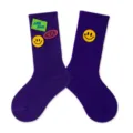 Autumn kids cotton mid-tube socks with cute embroidered smiley face and letter patches daily wear. - Purple