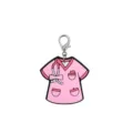 Detailed close-up of pink nurse scrub top PVC keychain charm with metal lobster clasp accessory. - 05