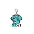 Close-up detail of medical scrub uniform shape rubber keychain pendant with metal lobster clasp. - 20