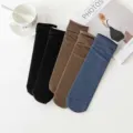 Cozy casual solid color ribbed cotton stack socks, warm mid-tube daily wear women socks. - One Size / 2 Black + 2 Khaki + 1 Blue