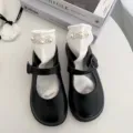 Classic black Mary Jane shoes paired with cute pearl white JK socks for sweet daily style. - One Size / Front Pearl White