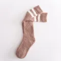 Cozy coral fleece long socks for women with cute white stripes winter warm casual hosiery - One Size / Coffee