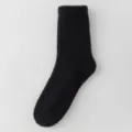 Women thick plush winter warm mid tube socks solid color fuzzy thermal socks in black color - Black