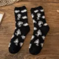 Thickened fuzzy warm coral fleece mid-tube socks with cute animal spot print for women. - Black