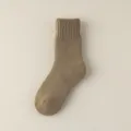 Solid color thick fleece mid-calf socks cozy warm winter thermal socks for women floor use - Free Size [Brushed Loop] / Light Coffee
