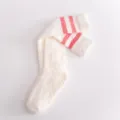 Japanese style coral fleece fuzzy long socks with pink double stripes warm winter home socks - One Size / White