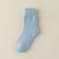 Women solid color thick thermal mid-calf terry socks, soft and warm for winter daily home wear. - Free Size [Brushed Loop] / Sky Blue