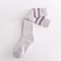 Cozy coral fleece knee high socks for women, cute two stripe fuzzy long socks for winter warm home wear. - One Size / Light Gray