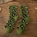 Thick coral fleece fuzzy warm socks for women, cute green animal print winter sleep floor socks. - Green