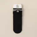 Black cotton mid-tube socks featuring cute smiley face embroidery and classic double stripes for autumn. - Black
