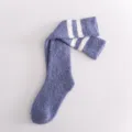 Cozy coral fleece fuzzy knee high socks with white stripes for women, warm winter home wear. - One Size / Navy Blue