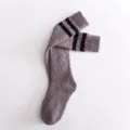 Coral fleece women winter warm knee high socks with two black stripes cozy home wear. - One Size / Dark Gray