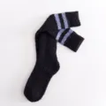 Fuzzy coral fleece women socks warm winter two stripe knee high cozy home hosiery - One Size / Black