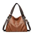 Stylish women's tote bag contrast color soft leather shoulder bag large capacity casual handbag. - Yellow Brown