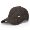 Brown plaid baseball cap detail, autumn winter warm woolen hat with chic gold hardware accent. - Adjustable / Coffee