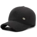 Mens winter wool baseball cap with metal badge, thick warm dad hat for cold weather. - Adjustable / Black