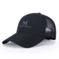 Black mesh baseball cap featuring embroidered letter M detail for outdoor sun and sports. - Adjustable / Blue