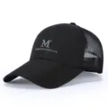 Black mesh baseball cap with 3d letter embroidery front view, perfect outdoor sun hat detail. - Adjustable / Black