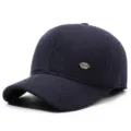 Men's winter woolen baseball cap, thick warm casual hat with metal badge, navy blue. - Adjustable / Blue