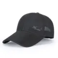 Close-up of black breathable mesh baseball cap, quick-dry fabric, detailed texture and logo. - Adjustable / Dark Gray