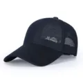 Detailed view of dark blue mesh baseball cap, breathable outdoor sun hat with embroidered logo. - Adjustable / Blue