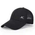 Close-up detail of black breathable mesh baseball cap, showing front sport logo and visor. - Black