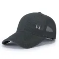 Close-up detail of the breathable mesh baseball cap showing fine texture and side logo patch. - Adjustable / Dark Gray