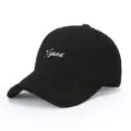 Black teddy fleece baseball cap with white embroidered letters, cozy autumn winter hat. - Adjustable / Black