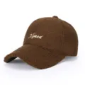 Brown teddy fleece baseball cap with white embroidered letters, cozy winter warm hat. - Adjustable / Coffee