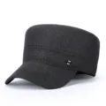 Mens winter warm flat cap, thick wool plaid military hat for outdoor cold weather. - Adjustable / Gray