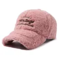 Pink lamb wool baseball cap for women, autumn winter warm fuzzy cute fuzzy outdoor hat. - Pink