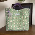 Borsa tote in tela verde menta con stampa gatto carina, borsa a mano capiente per uso quotidiano. - Mano Cartoon (Senza Ciondolo) / Verde