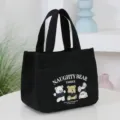 Borsa shopper in tela nera con stampa di orsetto cartoon, comoda e spaziosa borsa pranzo. - Nero