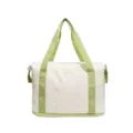 Large capacity travel duffel bag in cream white with light green straps and bows SKU. - White & Green