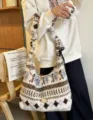 Borsa tote in peluche losanga etnica retrò color-blocking con coulisse dettaglio autunno - Borsa a Tracolla Fair Isle