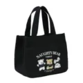 Black canvas tote bag with cute cartoon bear print, large capacity lunch bag for women daily use. - Black