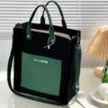 Borsa tote in tela nera con tracolla verde, borsa a mano casual per studenti e uso quotidiano. - Nero e Verde Blocco di Colore [Aggiornato] con Fodera