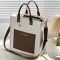 Canvas tote bag for women men, casual top-handle shoulder bag with zipper and front pocket. - White and Brown Colorblock [Upgraded] with Lining